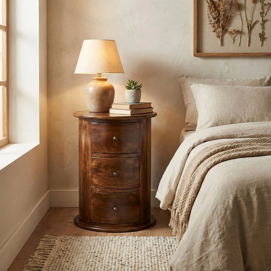 Wooden nightstand with lamp and books next to a bed in a bedroom.
