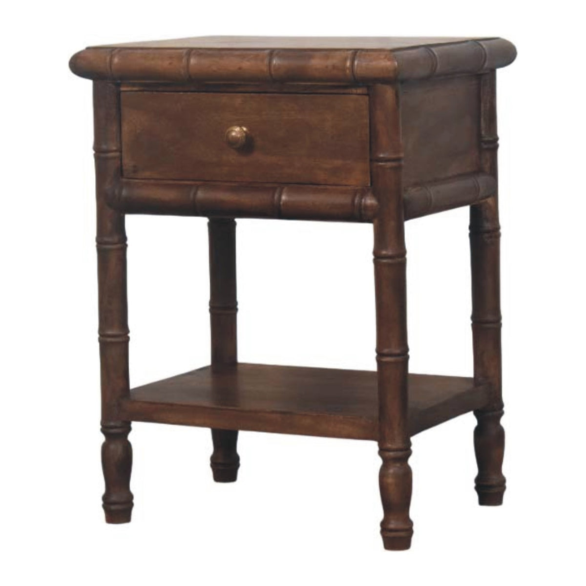 Wooden nightstand with a drawer and shelf on a white background