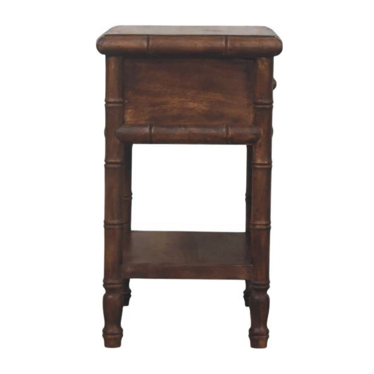 Wooden nightstand with a bamboo-style design on a white background
