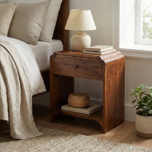 Bedside Table in solid mango wood with chestnut finish styled in a bedroom setting