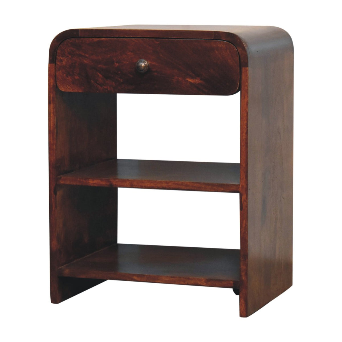 Angled left perspective of a chestnut finish bedside table showing the curved waterfall top edge extending down the sides.