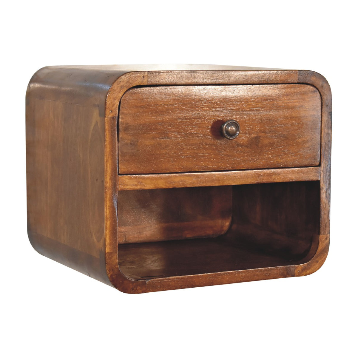 Angled left perspective of a chestnut floating bedside table, highlighting its seamless curved silhouette and solid wood construction.