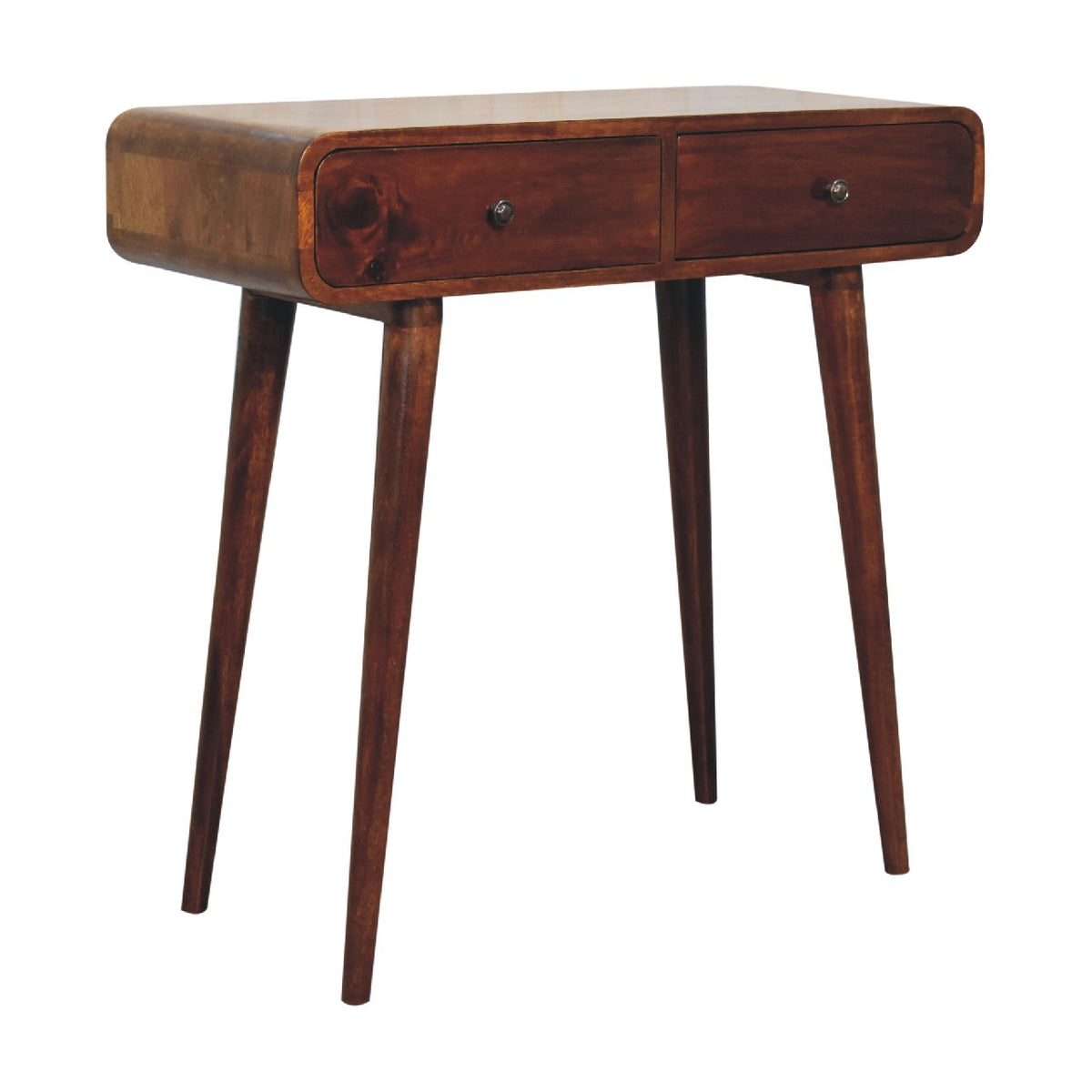 Left side view of Chestnut Curved Hallway Table in solid mango wood with chestnut finish
