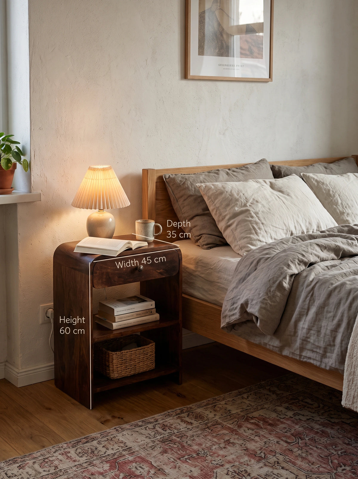 A chestnut solid mango wood 1-drawer open bedside table styled next to a bed, with dimension overlays indicating 45 cm width, 35 cm depth, and 60 cm height.