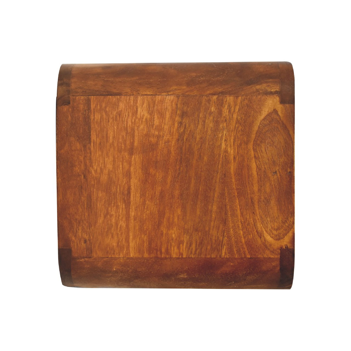 Top-down overhead view displaying the smooth top surface panel and rich wood grain of a chestnut solid mango wood floating bedside table.
