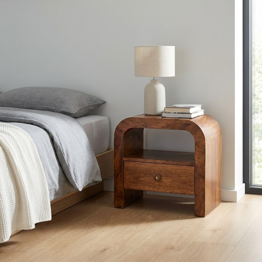 Chestnut Nightstand styled in a bedroom or living space interior