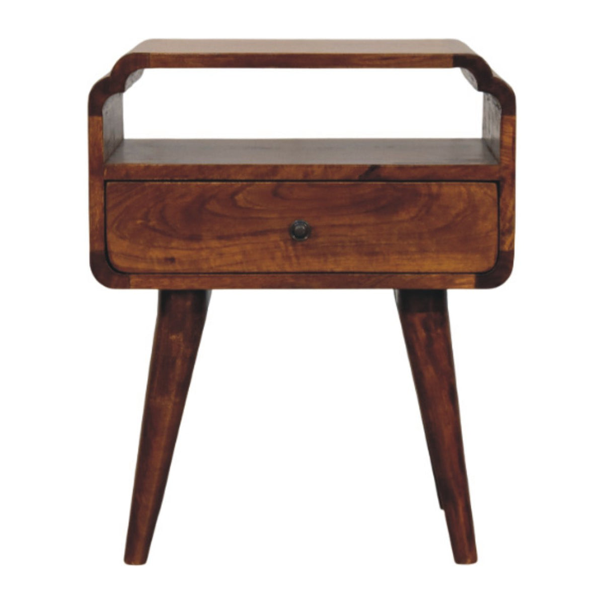 Front view of Chestnut Nightstand showing drawer with brass knob, open shelf and tapered legs