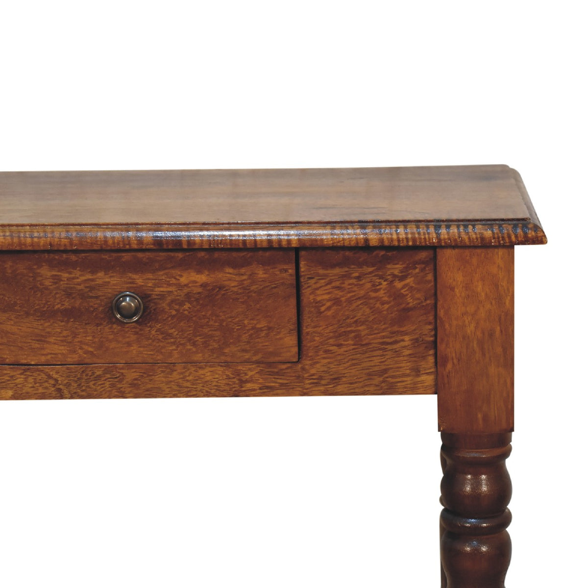 Wooden writing desk with a single drawer on a white background