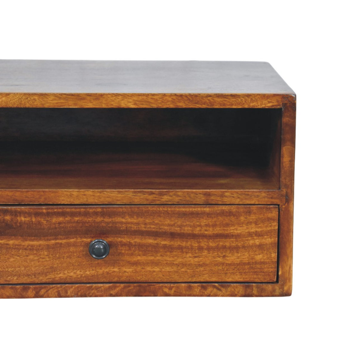 Wooden drawer of tv stand with a metal knob on a white background