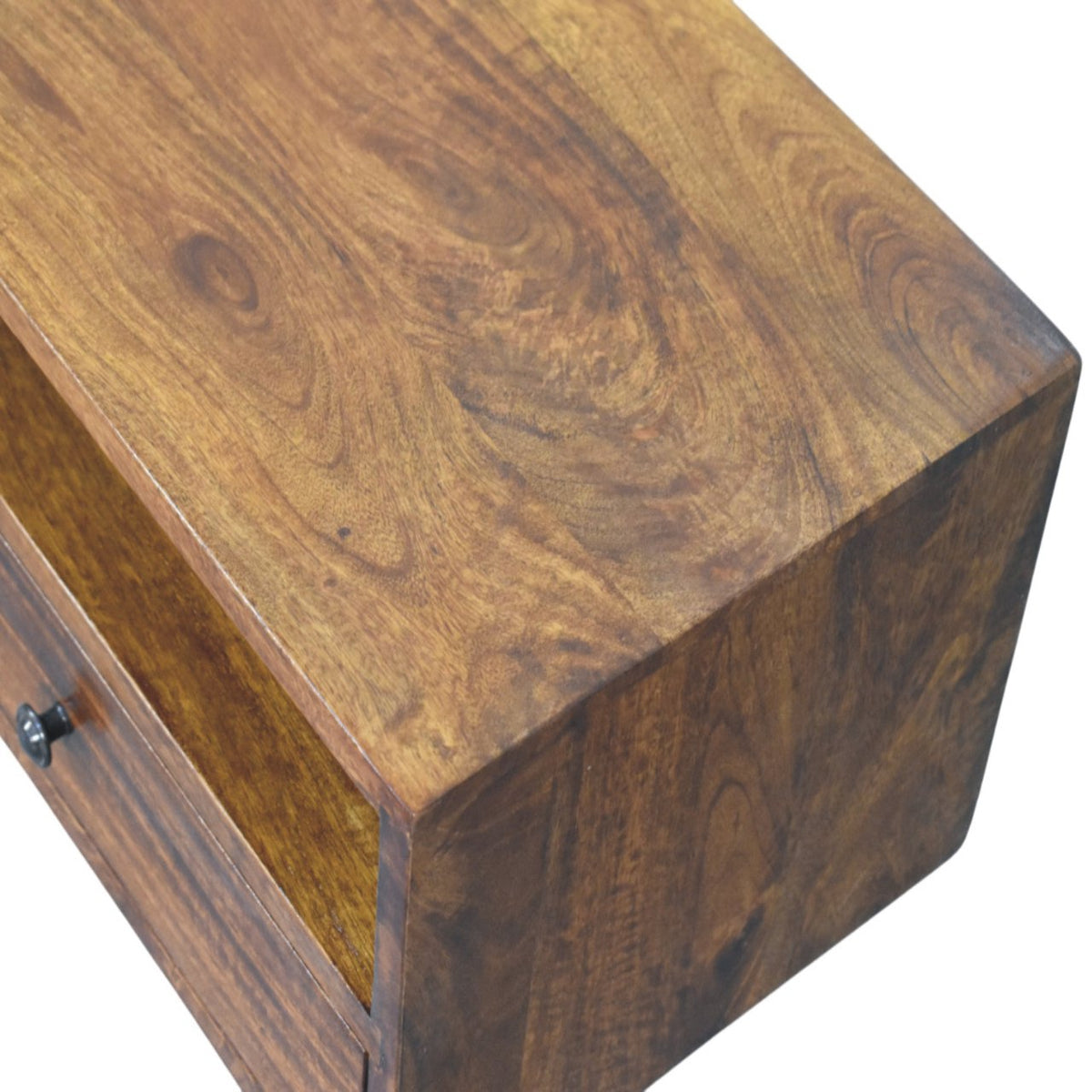 Wooden drawer of tv stand with a focus on the top surface