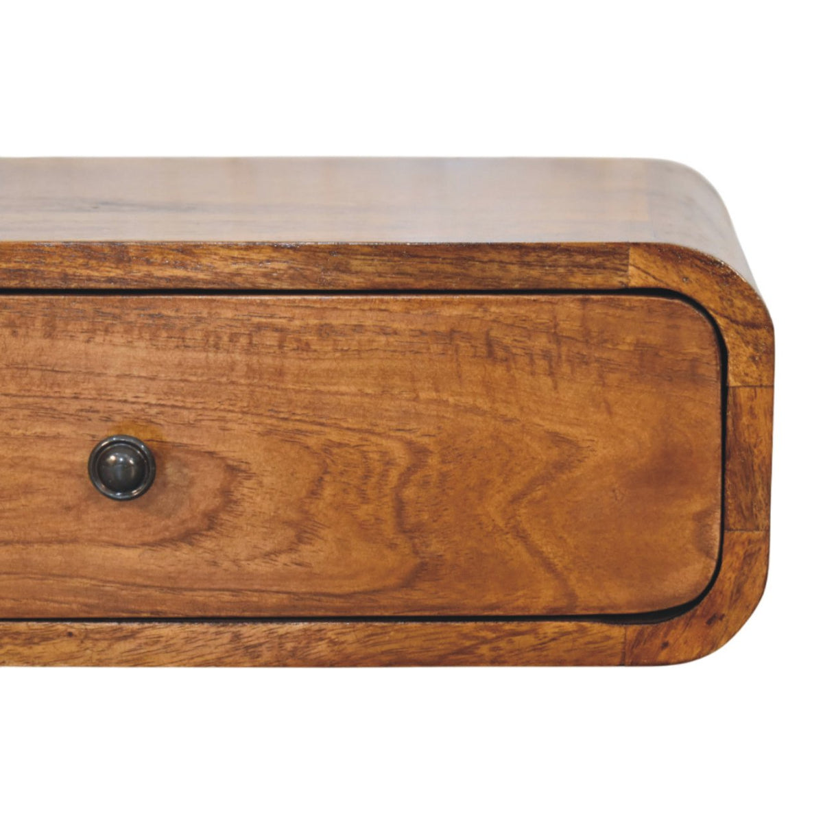 Close front right angle of Wall-Mounted Chestnut Nightstand showing subtle knob and chestnut finish detail