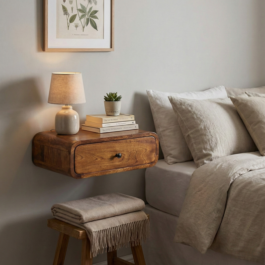 Wall-Mounted Chestnut Nightstand styled in a modern bedroom or apartment interior