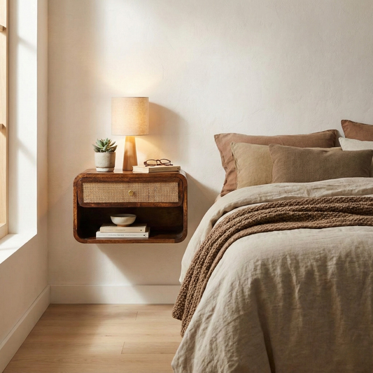 Chestnut Wall Mounted Open Woven Bedside styled in a bedroom interior