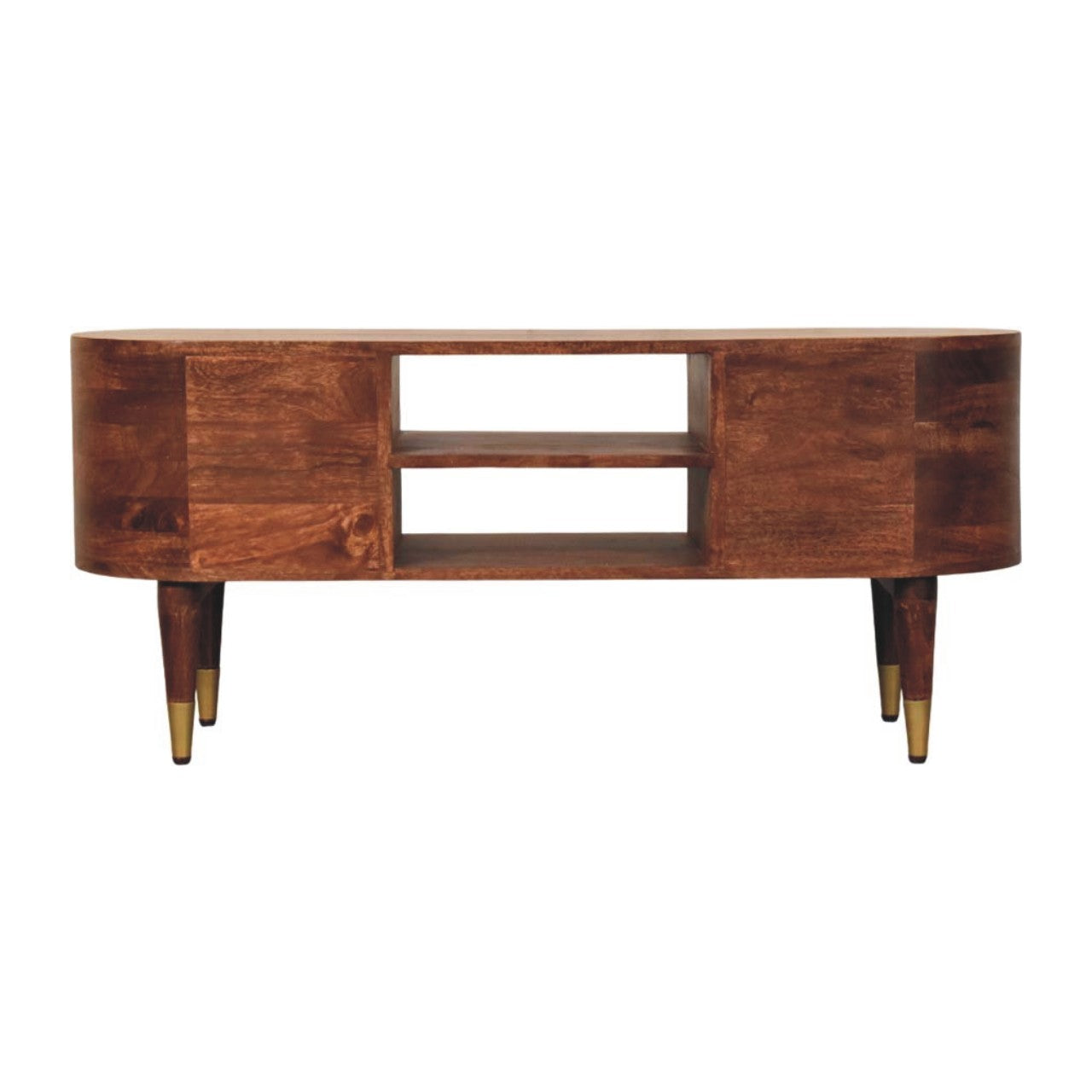 Curved 2-drawer media unit in solid mango wood, Winewood Oak finish – back view
