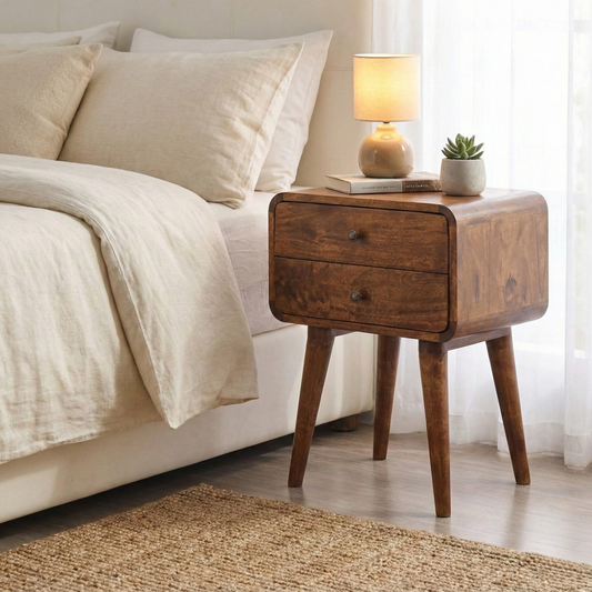 Curved Chestnut Bedside styled in a bedroom or living space interior