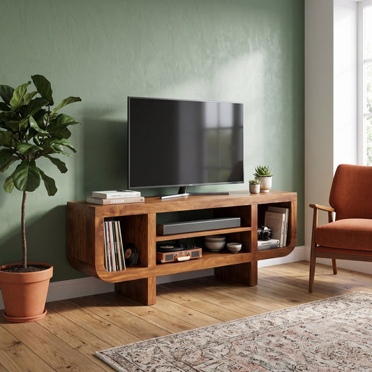 A wooden TV stand console in a warm medium brown finish, styled in a living room setting with a green wall, wooden floor, a potted fiddle-leaf fig, an orange armchair, and a patterned area rug.