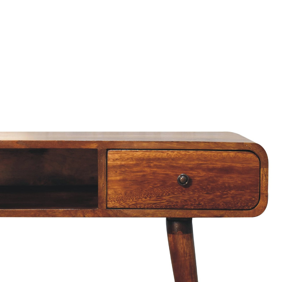 Close front right angle of Curved Chestnut Writing Desk showing brass knob and chestnut finish detail