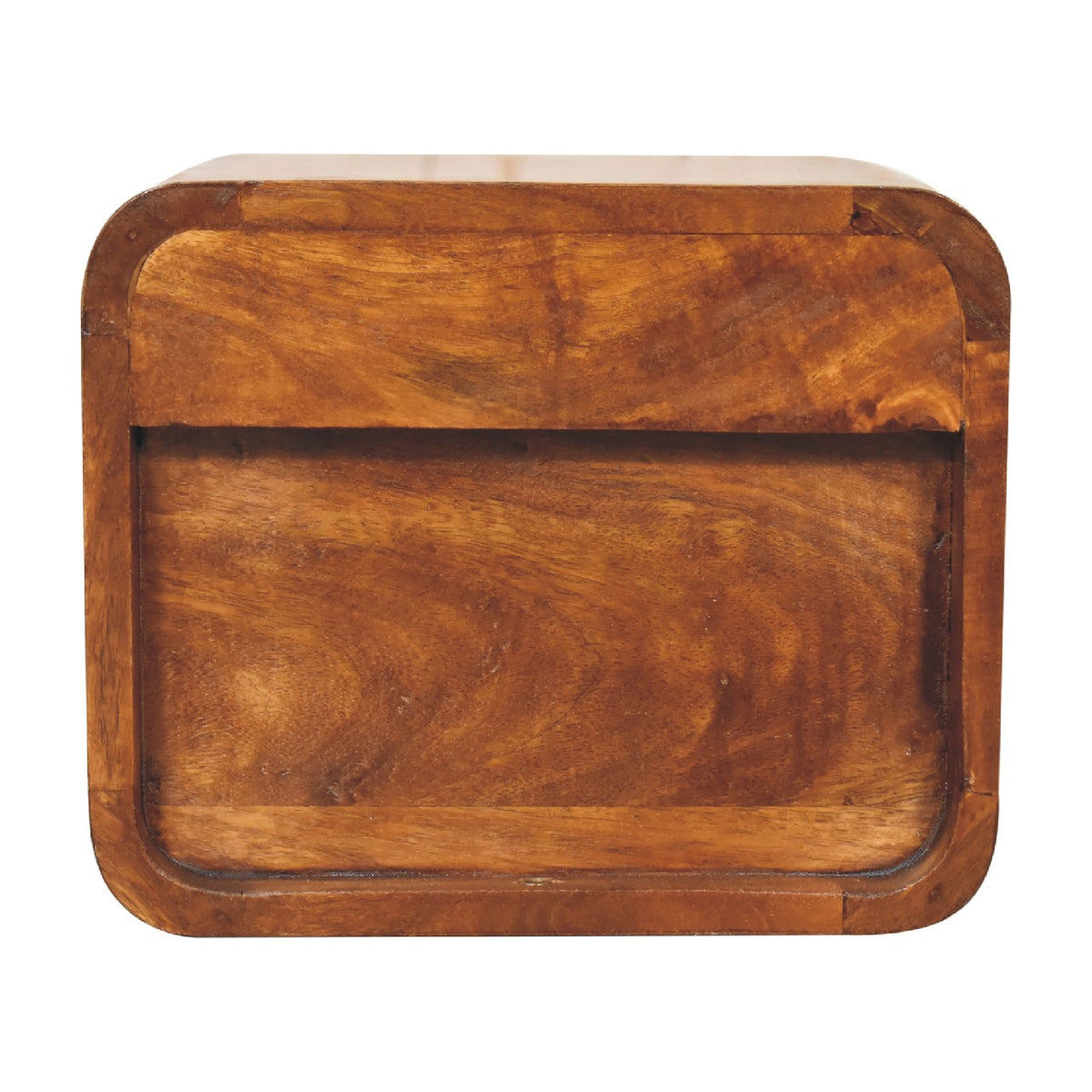 Back view of a chestnut floating bedside table, displaying the recessed rear panel designed for flush wall mounting.