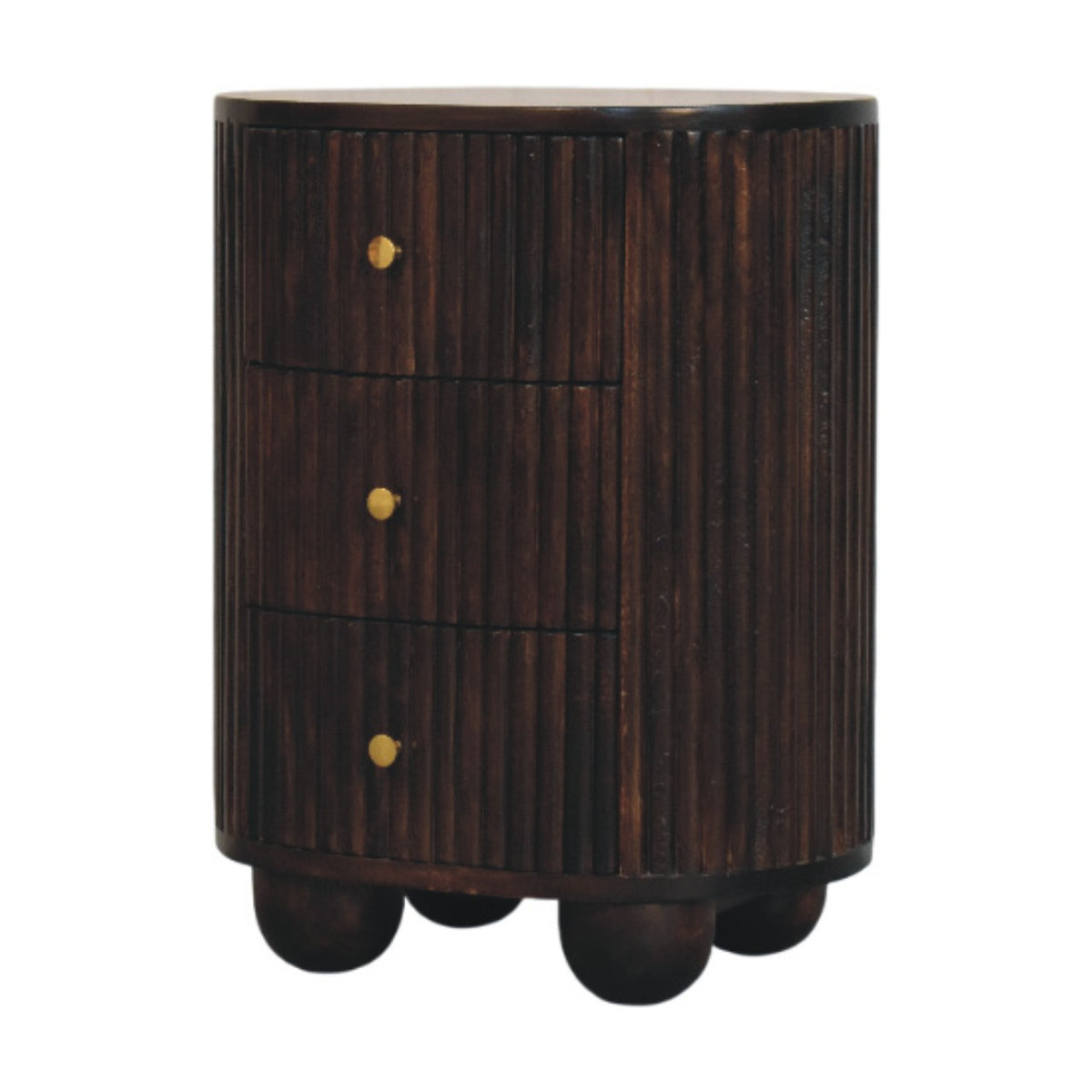 Angled right view of a solid mango wood bedside table in velvet mocha, showcasing its continuous fluted surface wrapping around the curves.