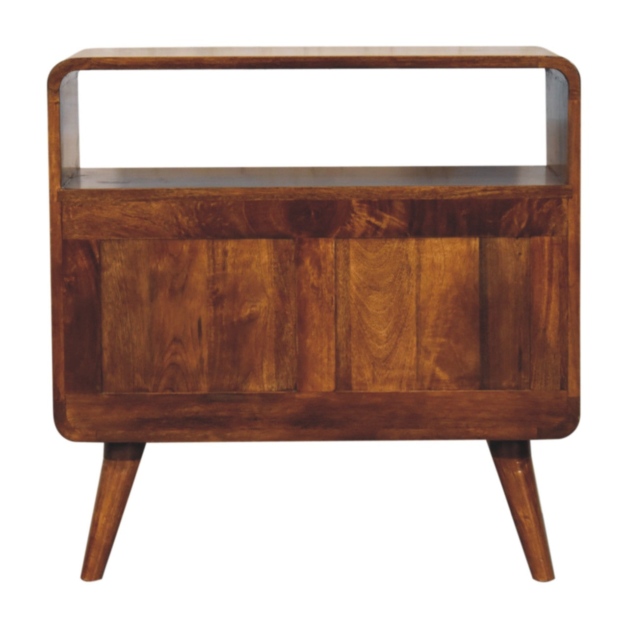 Back view of Curved Nordic Charm Chest in solid mango wood with chestnut finish