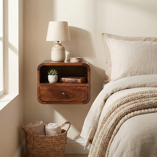 Extra Mini Wall Mounted Curved Chestnut Bedside styled in a bedroom wall-mounted setting