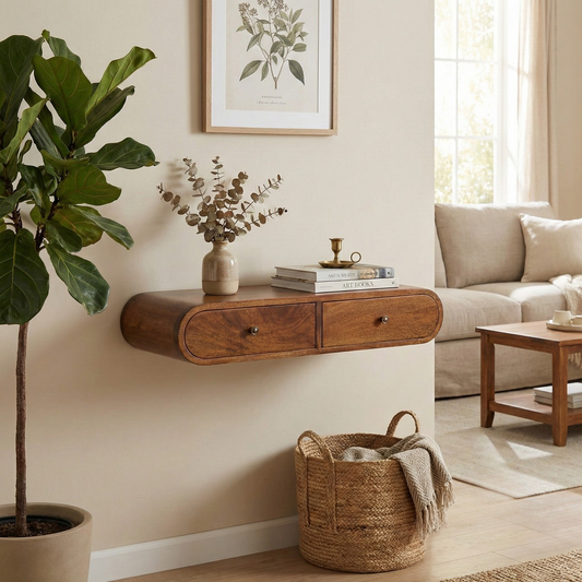 Floating Chestnut Console styled in a home interior setting