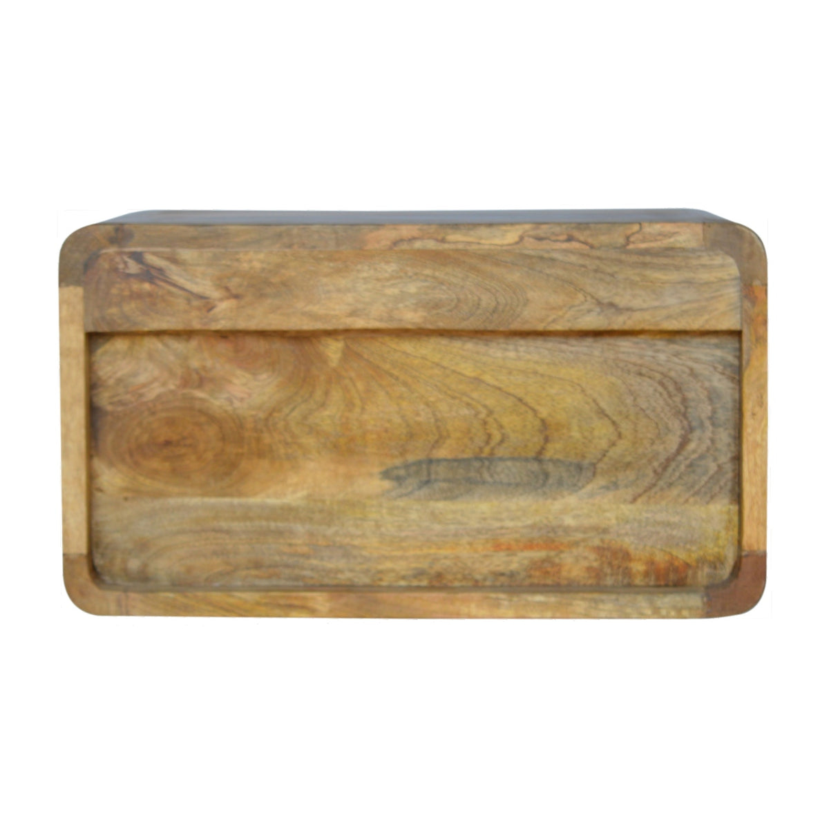 Back view of Floating Curve Open Slot Bedside in solid mango wood with oak-ish finish