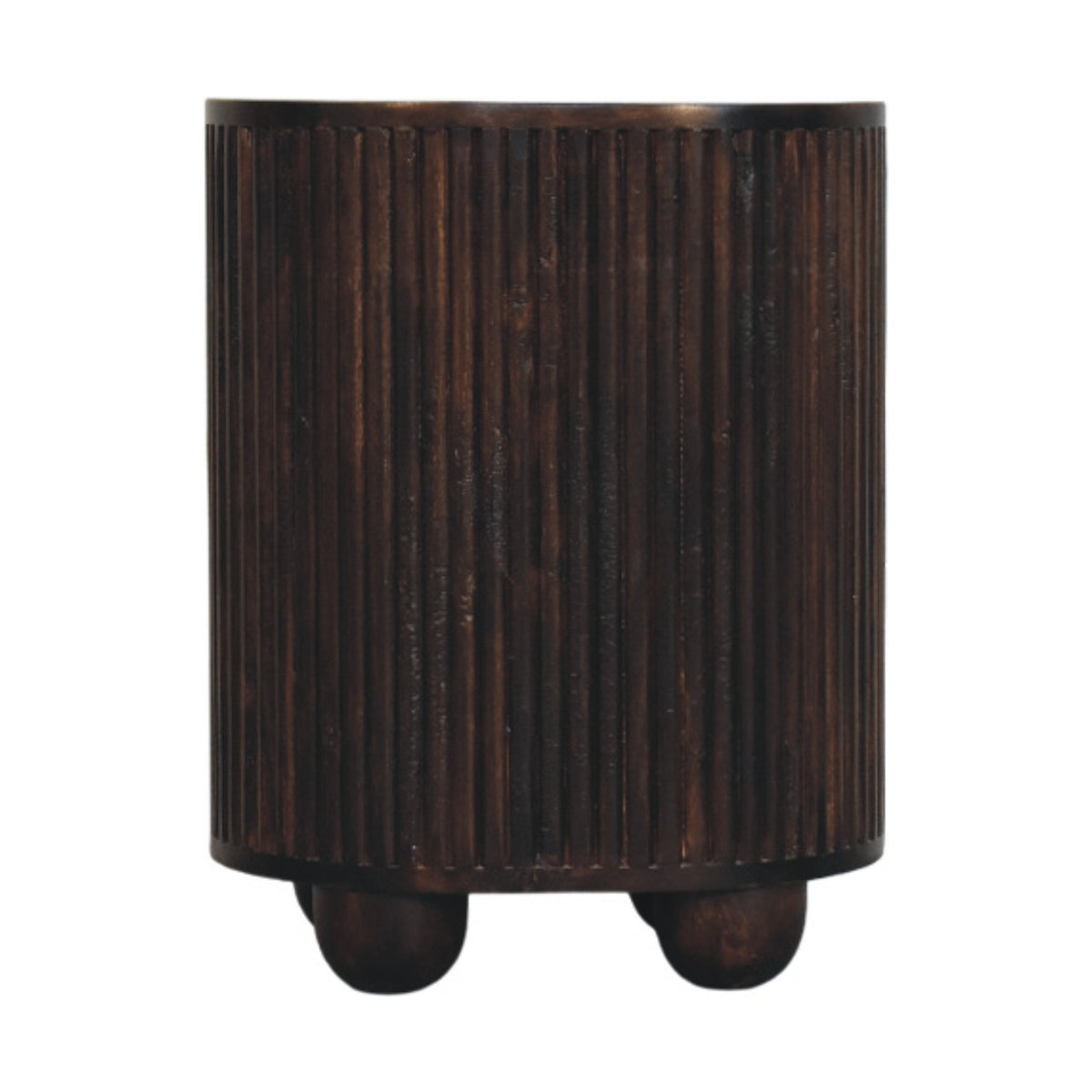 Back view of a velvet mocha fluted bedside table, showing the vertical ribbed texture continuing entirely around the rear of the piece.