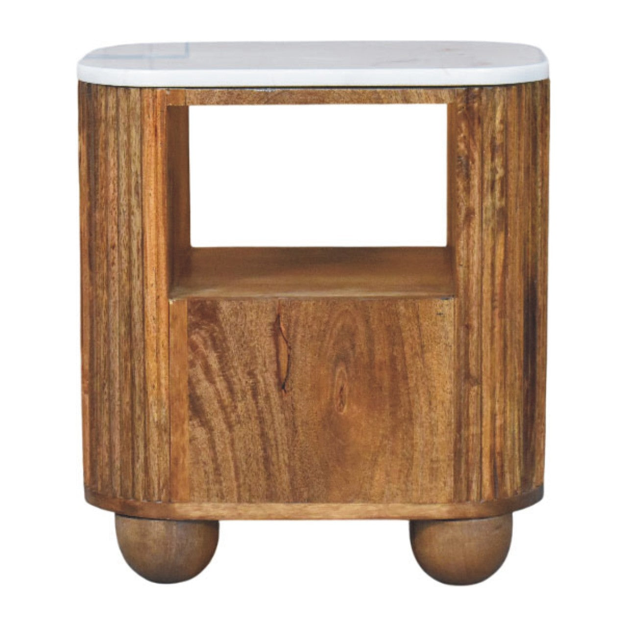 Fluted marble-top bedside table in solid mango wood, Golden Teak finish – back view with shelf visible