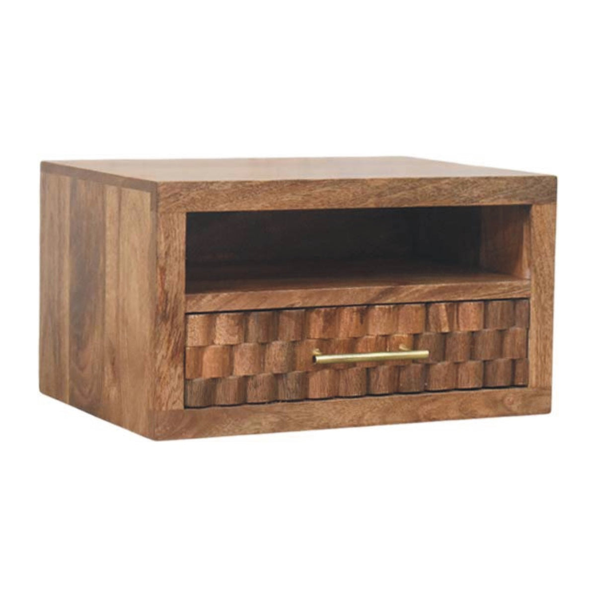 Angled right view of a golden teak finish wall-mounted nightstand showing the open cubby and textured drawer front.