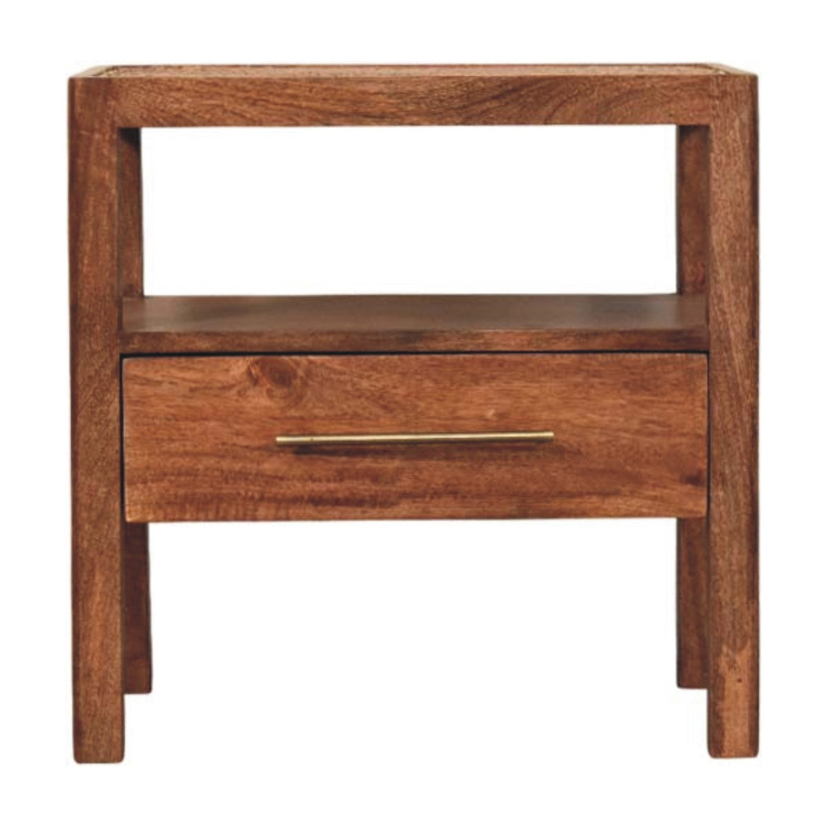 Front view of a solid mango wood bedside table in honey caramel, featuring a woven rattan top, an open shelf, and a single drawer with a brass handle.