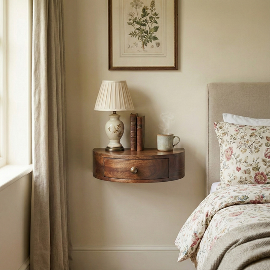Honey Caramel Wall Mounted Rounded Bedside styled in a bedroom wall-mounted setting