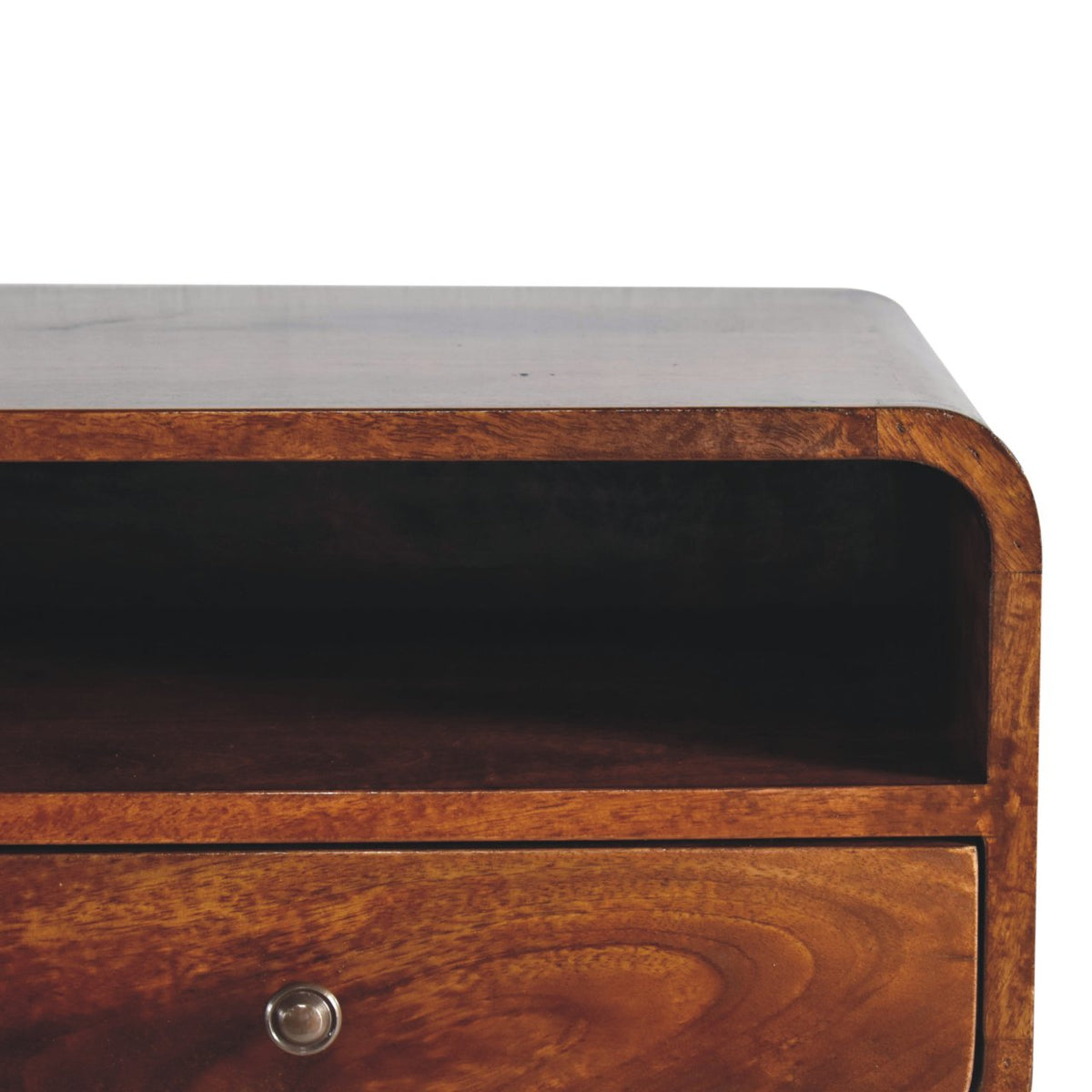 Close front right angle of Large Chestnut Curve Floating Bedside showing shiny knob and chestnut finish detail
