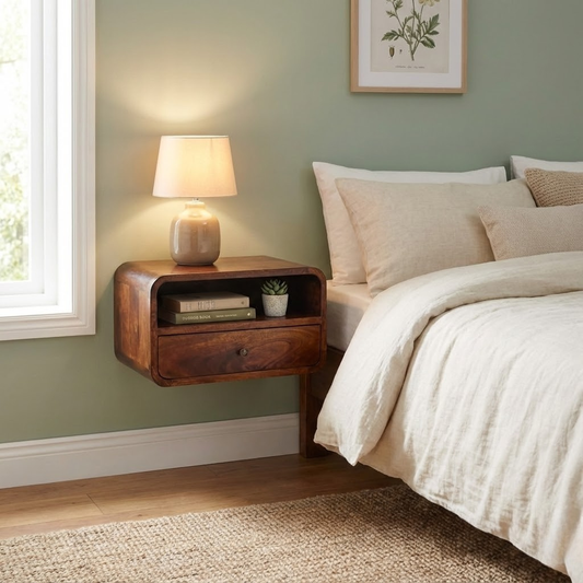Large Chestnut Curve Upper Slot Floating Bedside styled in a bedroom wall-mounted setting