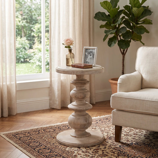 Marble-top accent table in solid mango wood, Salted Oak finish – lifestyle setting