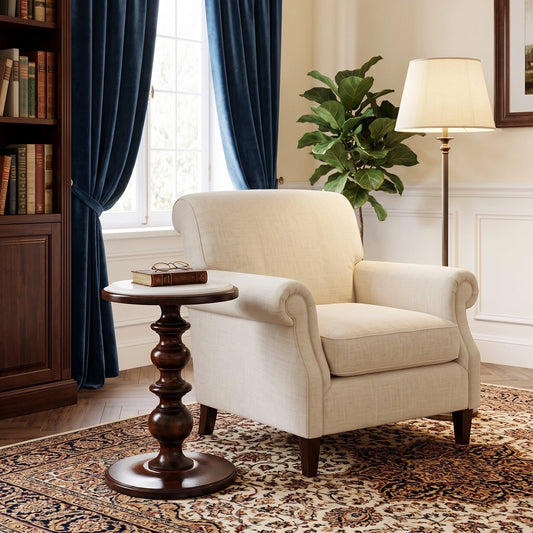 Marble-top side table in solid mango wood, Chestnut finish – lifestyle setting