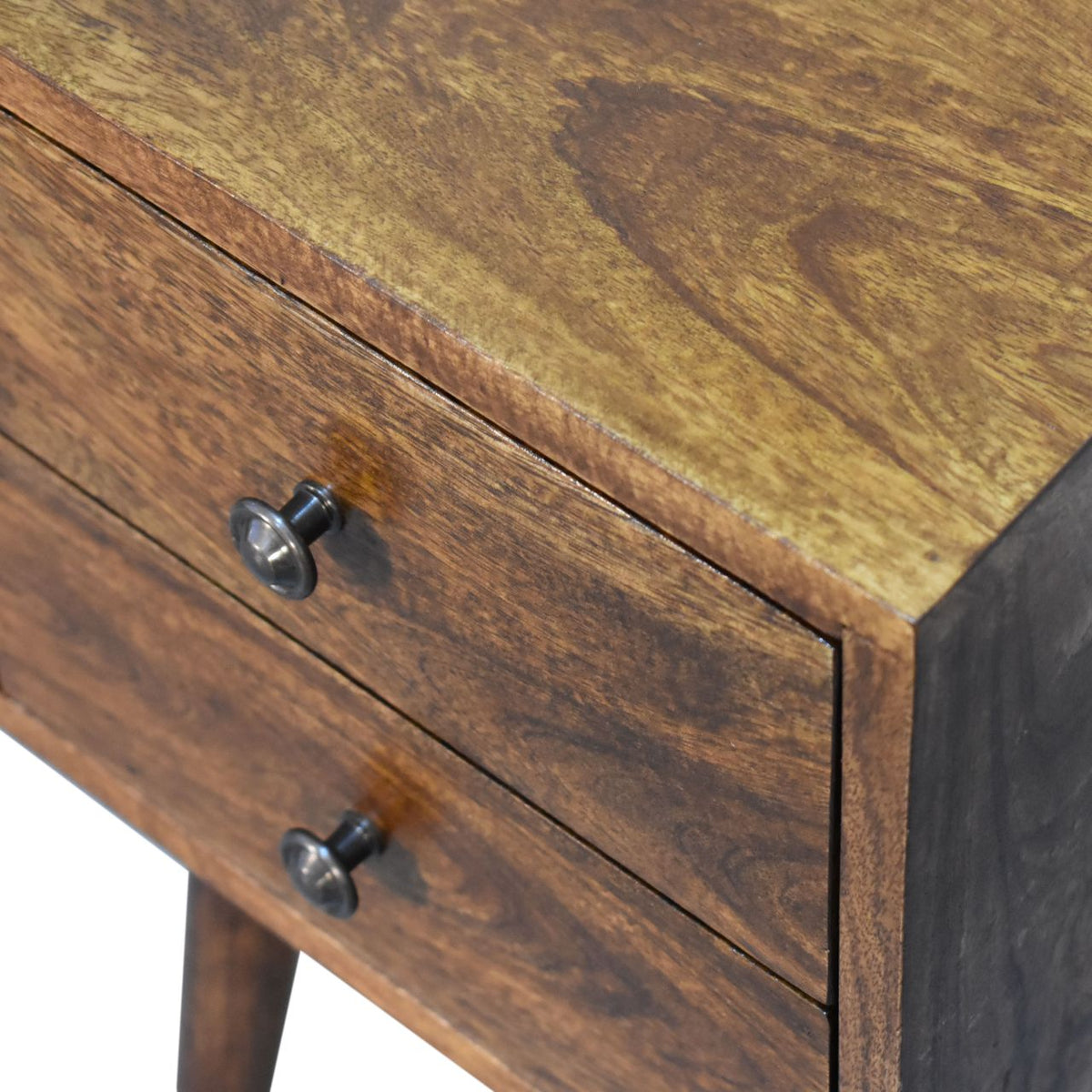 Upper right front angle view of Mini 2 Drawer Chestnut Bedside Table showing top surface