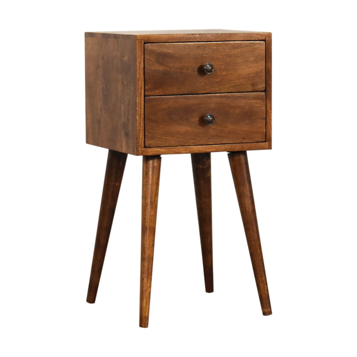 Left side view of Mini 2 Drawer Chestnut Bedside Table in solid mango wood