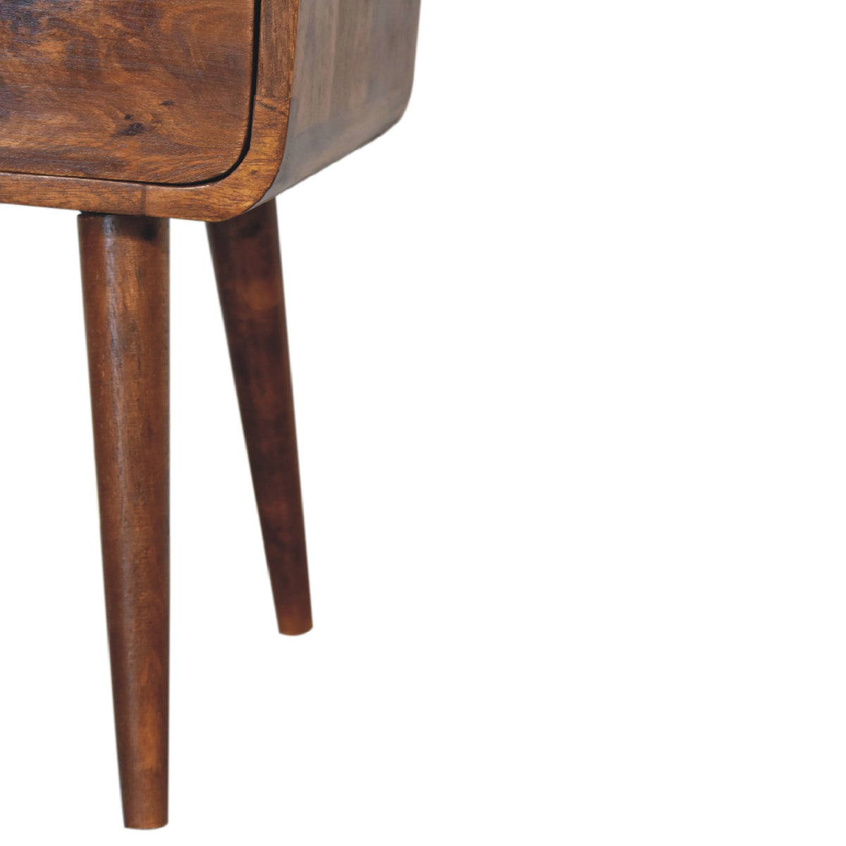 Lower right angle of Mini Chestnut Curve Open Bedside highlighting Nordic-style legs