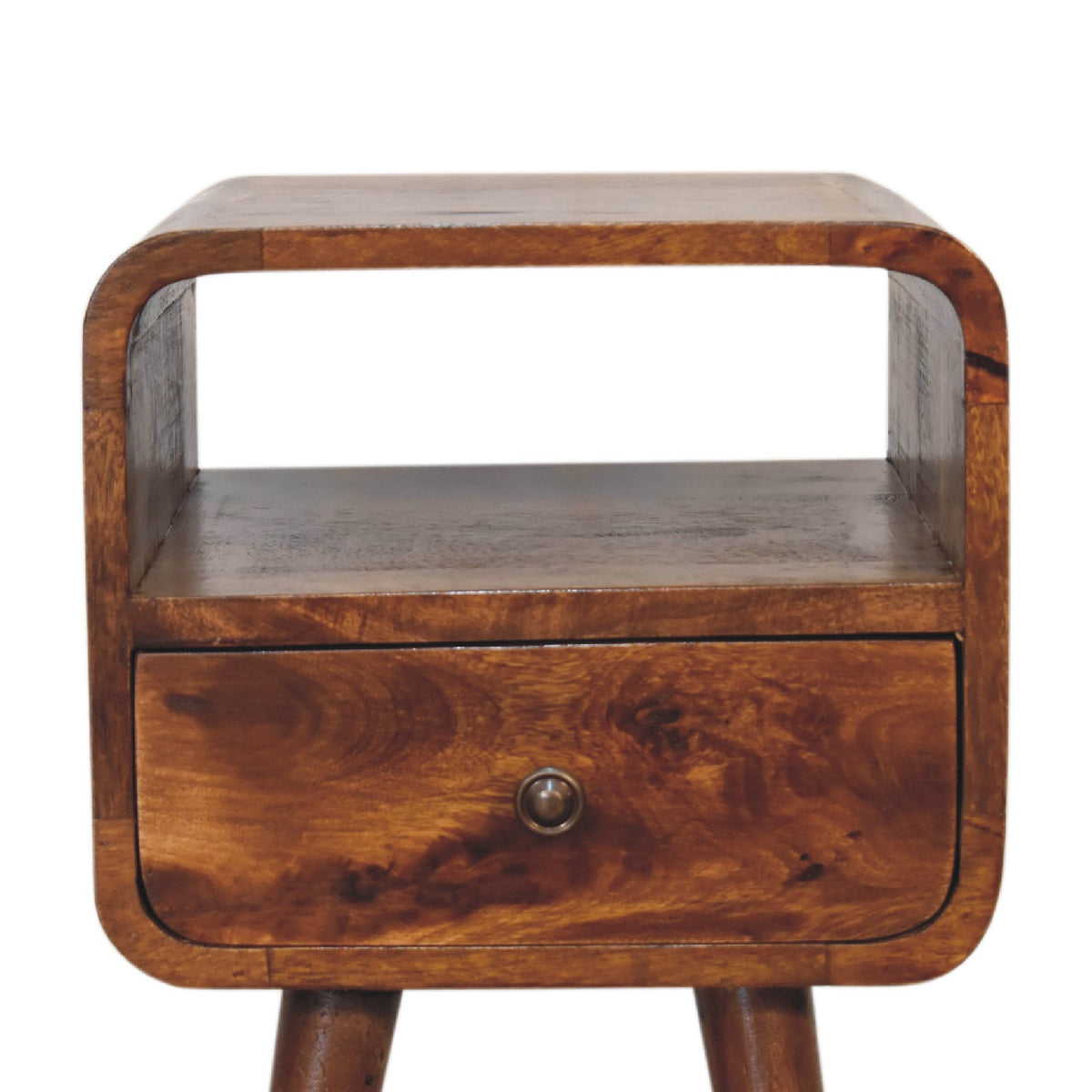 Close front view of Mini Chestnut Curve Open Bedside showing drawer and open slot detail