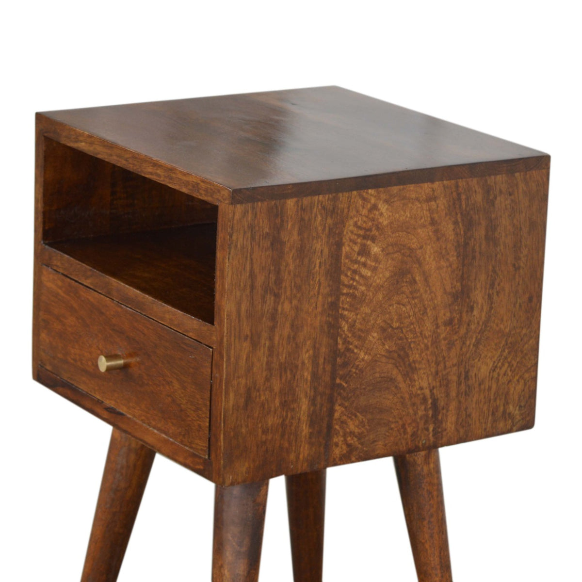 Wooden nightstand with a single drawer on a white background