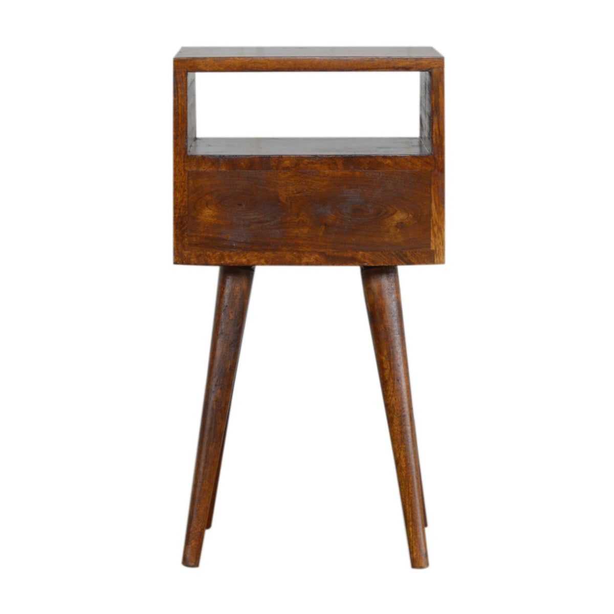 Wooden nightstand with a glass top on a white background