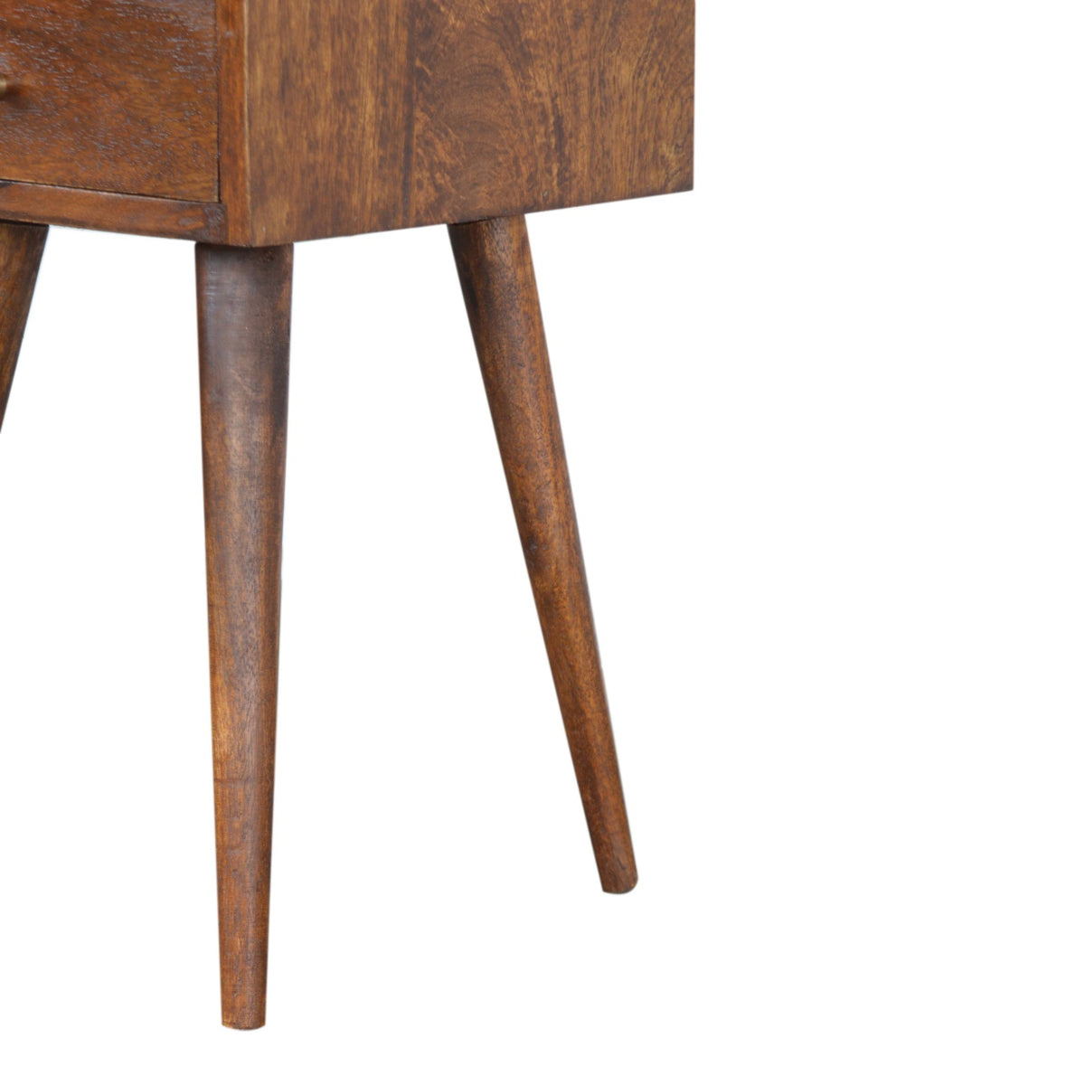 Close-up of a wooden nightstand with a white background