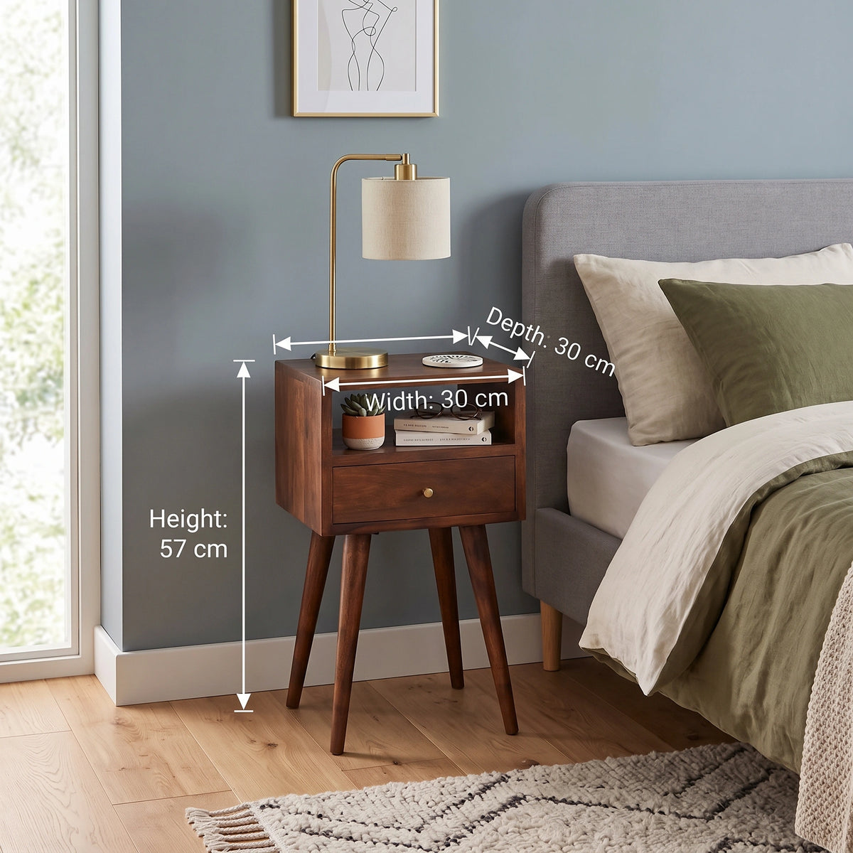 A wooden nightstand with a single drawer and tapered legs, shown beside a bed in a bedroom. White dimension arrows and text label the height as 57 cm, width as 30 cm, and depth as 30 cm.