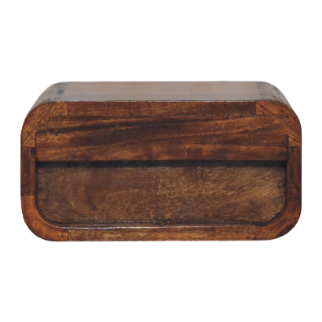 Back view of Mini Wall-Mounted Chestnut Nightstand showing wall mounting area and mango wood construction