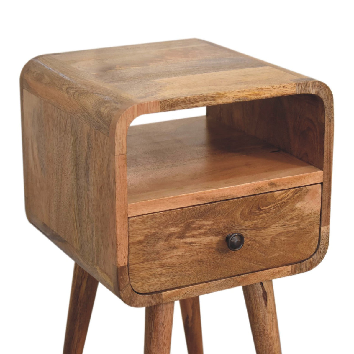 Close upper front left angle of Mini Oak Curve Open Bedside showing curved edges and oak finish