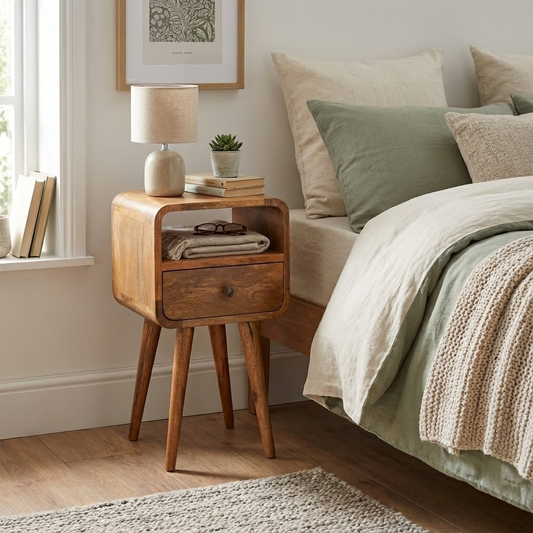 Mini Oak Curve Open Bedside styled as a side table in a home interior