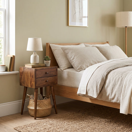 A warm wood bed frame with beige linens and pillows, styled in a cozy bedroom next to a matching wooden nightstand with a white lamp and small plant.