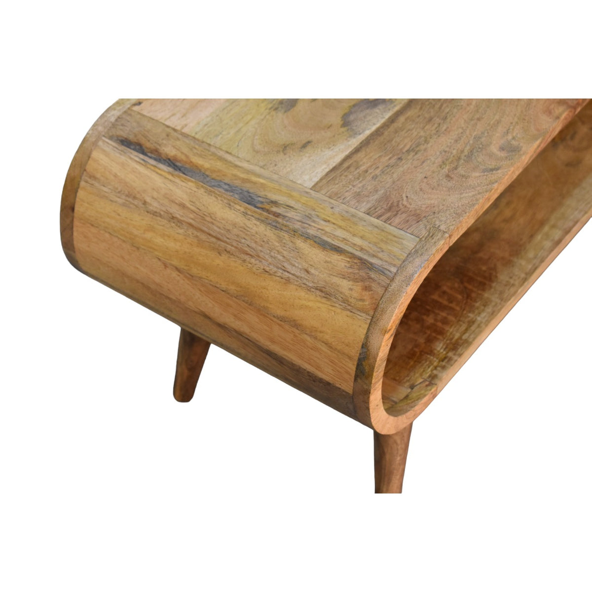 Close upper left angle of Nordic Style Coffee Table showing mango wood grain and oak finish