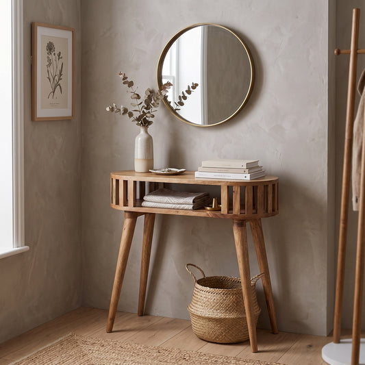 A light natural wood console table with tapered legs and a slatted side shelf, styled in a neutral-toned room with a round gold-framed mirror, a white vase with dried branches, stacked books, and a woven basket on the floor.
